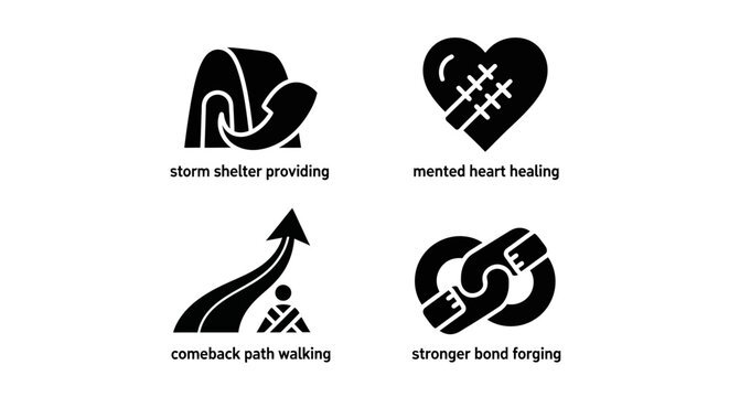 Set of four black icons: storm shelter, healing heart, comeback path, strong bond