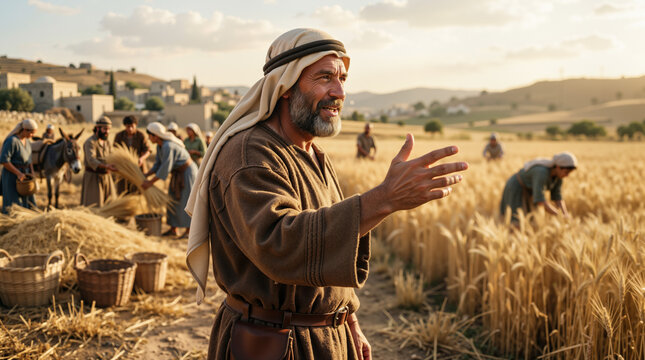 Mature man with short beard and strong build gesturing in a golden wheat field. Biblical figure Boaz overseeing the harvest. Ancient agricultural farming scene with workers in the background
