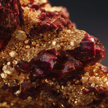 A detailed view of a massive deep red crystal formation surrounded by small golden-toned crystals. The texture resembles raw gemstone or ore in a natural environment. 