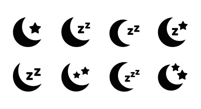 Sleep Icons: Crescent Moon, Stars, and Zzz Symbols Collection