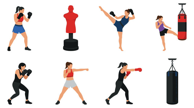 Woman boxer practicing punches and kicks with equipment.