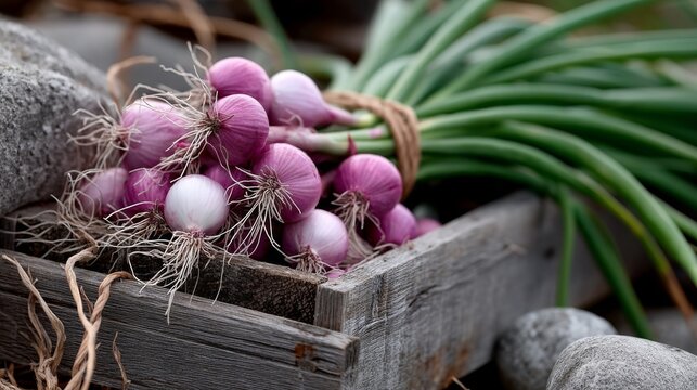Fresh purple onions and green scallions in a rustic wooden box.