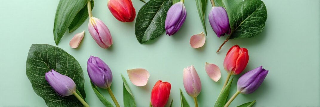 Colorful tulips surrounded by green leaves on a soft mint background.