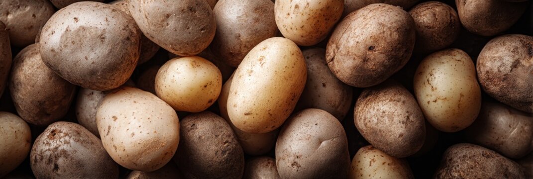 A variety of potatoes in earthy tones, showcasing their natural textures.