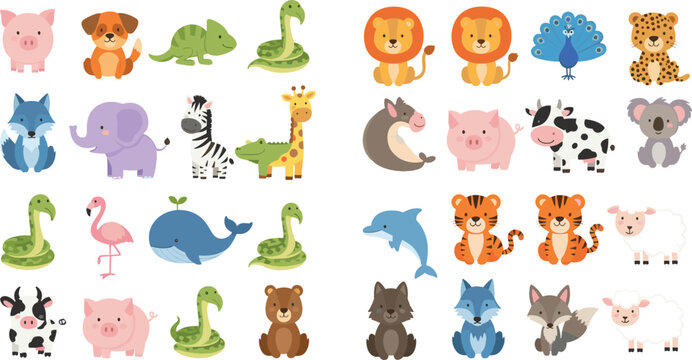 Cute cartoon animals mega set with wild and farm creatures including lion tiger elephant pig dog and more colorful vector illustration for kids education design