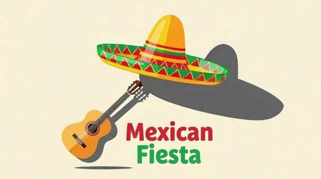 "Mexican Fiesta" is written on a flat vector sombrero and guitar