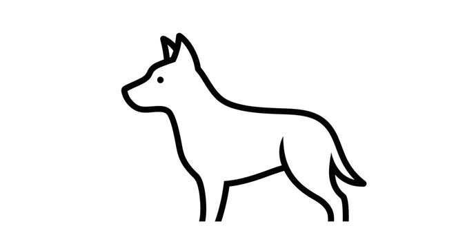 Minimalist line art illustration of a standing dog in profile. Simple black outline vector icon of a domestic pet animal.