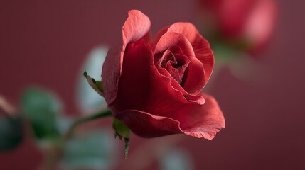 Obraz premium Close-up of a red rose with soft petals against a blurred background.
