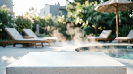 Obraz premium Luxury Outdoor Pool Area with Lounge Chairs and Umbrella for Relaxation Concept