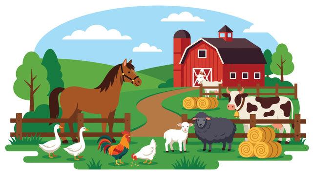 Farm with various animals and a red barn house.
