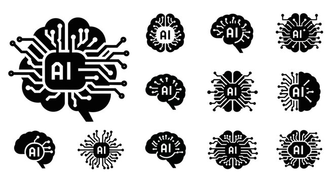 AI Brain Circuit Icons: Artificial Intelligence Concept