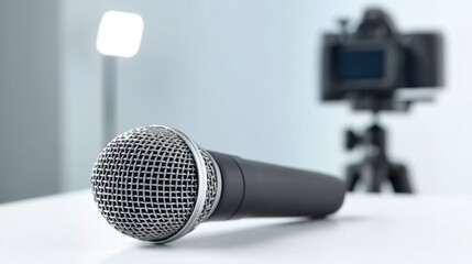 Fototapeta premium Close-Up Low Angle Shot of a Microphone with Camera in Background Capturing Audio Recording Session in Studio Environment
