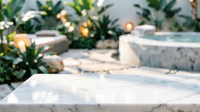 Luxury Outdoor Spa Area with Marble Table and Lush Greenery for Relaxation Concept