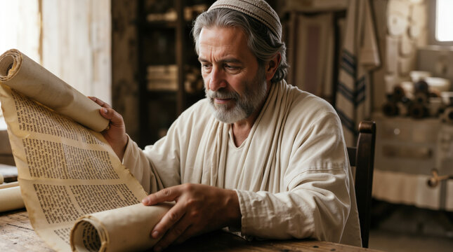 Elderly man reading an ancient Hebrew scroll. Biblical scholar studying religious scripture in a traditional setting