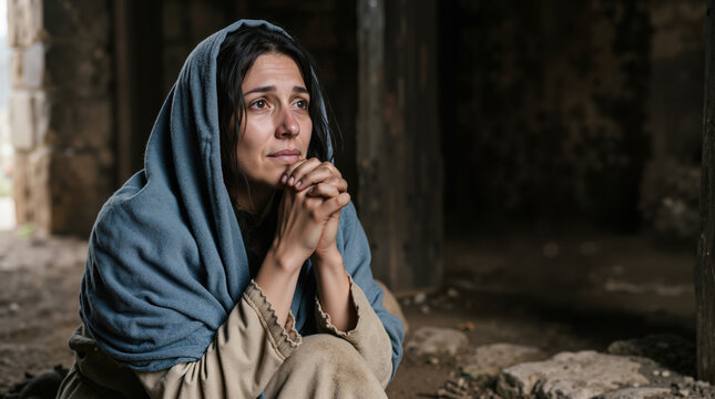 Woman praying in ancient attire. Biblical character Hannah in silent devotion. Historical reenactment scene with copy space