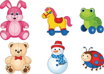 Fototapeta premium Cute toy characters set with bunny teddy bear horse frog snowman and ladybug colorful cartoon vector illustration for kids design nursery decor and playful themes