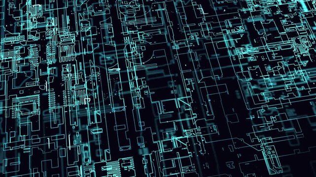 Futuristic blue circuit board animation. Abstract technology background with glowing data lines, microchips, and digital network connections. Perfect for tech, AI, and cyber concepts.