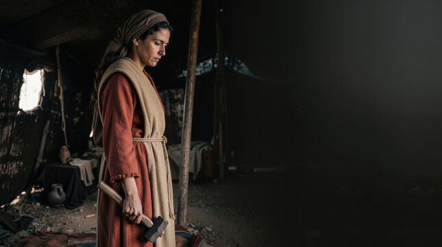 Biblical woman holding a hammer in a tent. Historical reenactment of Jael. Dramatic portrait with copy space