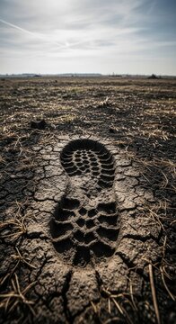 Single Muddy Bootprint in Cracked Dry Earth