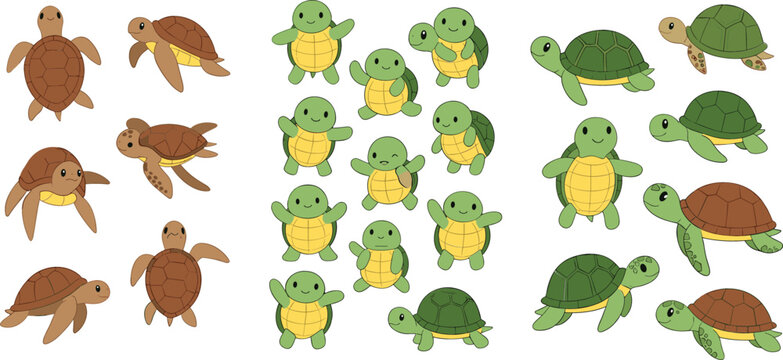 Cute sea turtle collection with baby and adult turtles cartoon vector illustration for kids ocean wildlife design nursery decor and educational materials