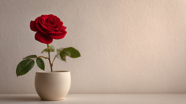 A single red rose in a simple pot, placed on a minimal plain background, soft lighting, clean and elegant composition, subtle shadows, calm and aesthetic look