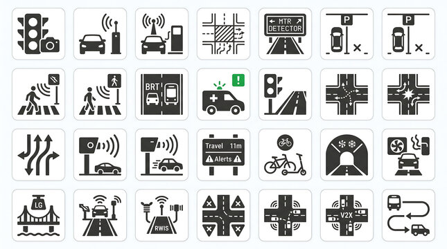 Smart traffic control and urban mobility icon set &ndash; 4x5 flat monochrome vector grid on white background for transportation infrastructure