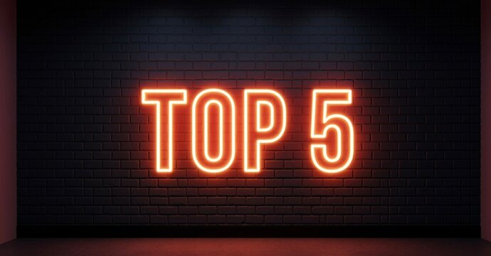 Neon Top 5 Sign on Brick Wall for Marketing Concept