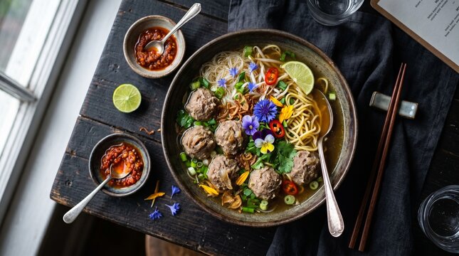 Vibrant bowl of Asian meatball noodle soup with edible flowers, lime, and herbs on a rustic dark wooden table with chili paste and chopsticks.