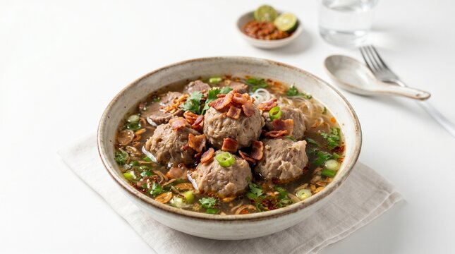 A bowl of hearty Indonesian bakso meatball soup with beef slices, noodles, and aromatic herbs served on a white tabletop.