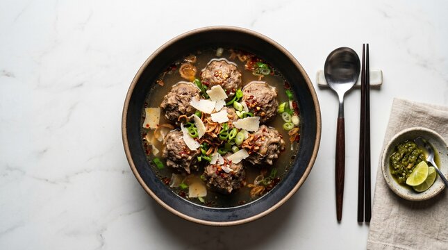 A bowl of gourmet Indonesian meatball soup (bakso) with broth, scallions, chili, and cheese, served with lime and sambal on a marble tabletop.