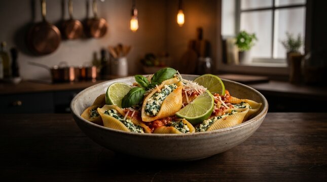 Ricotta and spinach stuffed pasta shells in a ceramic bowl, garnished with fresh basil and lime, set in a cozy rustic kitchen.
