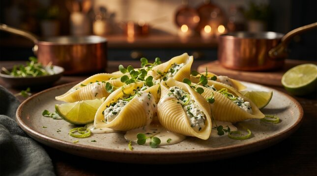 Delicious stuffed pasta shells filled with creamy ricotta and herbs, garnished with fresh microgreens and lime on a ceramic plate in a kitchen.