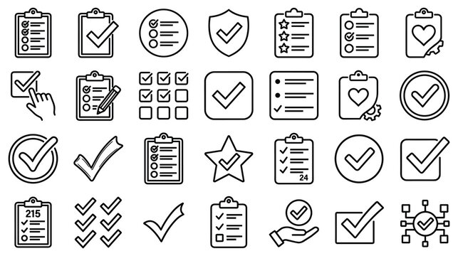 Collection of check mark and clipboard icons for business task management.