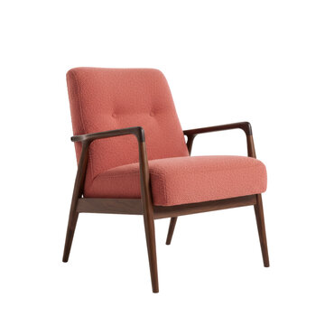 Mid-century modern armchair with dark walnut frame and coral pink nubby boucl&eacute; fabric upholstery on a transparent background, elegant furniture design concept