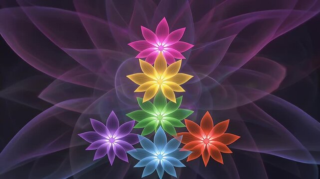 Vibrant multicolored flower petals radiate outward in a mesmerizing symmetrical pattern on a dark background