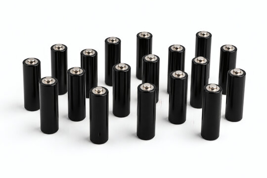 Minimal black batteries lineup isolated on white background, energy and modern technology concept