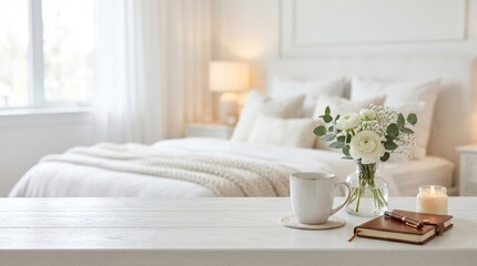 Naklejka premium Cozy Bedroom with White Flowers and Coffee Mug on Table for Lifestyle Design