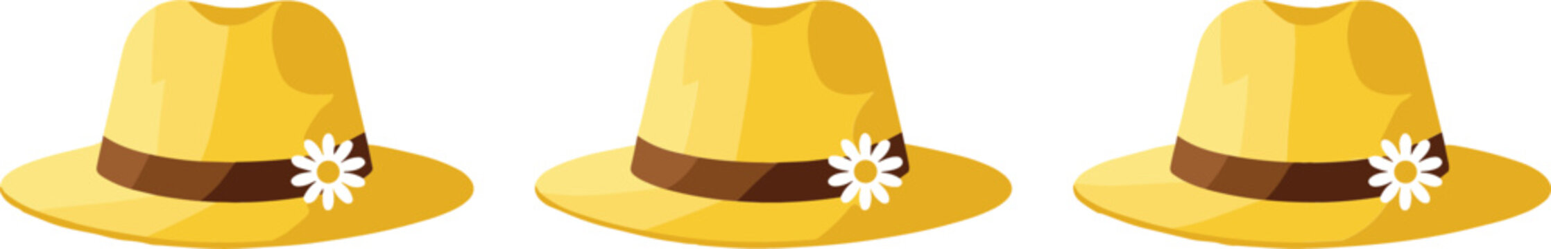 Straw summer hat collection with flower decoration, stylish yellow sun hats set, fashion accessory vector illustration isolated on light background