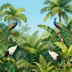Fototapeta premium Vintage style illustration of a lush tropical jungle, featuring two peacocks perched on palm branches and two red-crowned cranes standing amid dense tropical foliage under a clear blue sky.