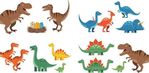 Cute dinosaur cartoon collection with prehistoric animals and eggs nest, colorful jurassic creatures set, kids friendly vector illustration isolated on light background © EdGe Creative