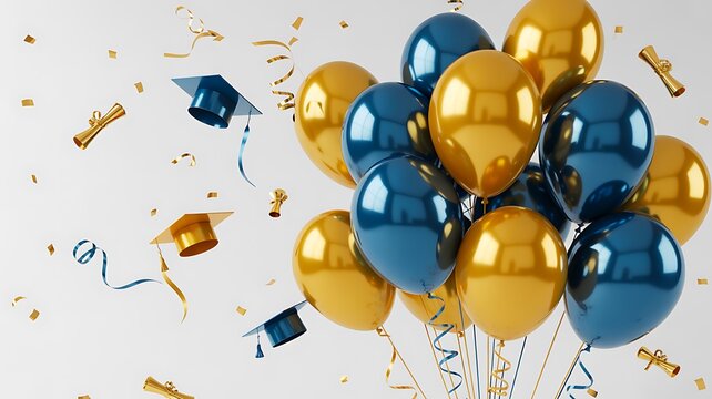 Celebration balloons in gold and blue with confetti festive party decoration background