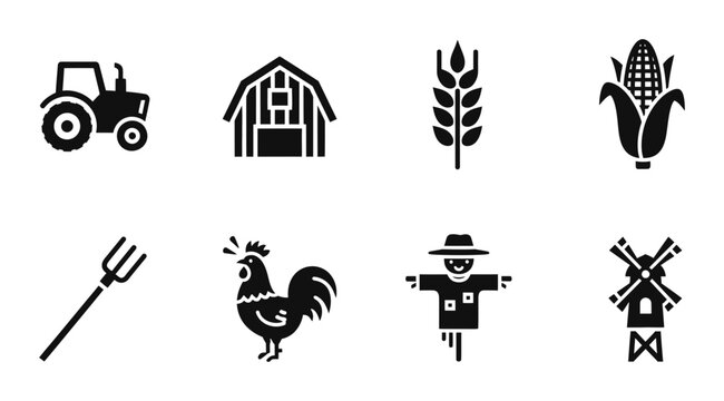 8 Agriculture icons tractor barn wheat corn pitchfork rooster, outline solid styles, UI and web interface design