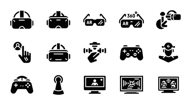 15 Virtual Reality icons VR headset, AR glasses, gaming controller, outline solid styles, UI and web interface design