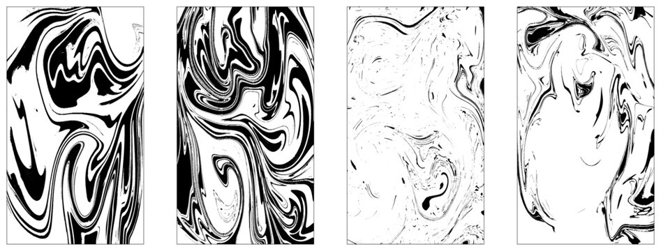 Collection of four abstract monochrome vector marble background. Monochrome ebru stains banners vector set.