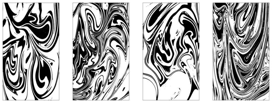 et of futuristic covers. Modern Swiss design posters set. Monochrome Liquid Texture Vector design. Monochrome ebru stains banners vector set.