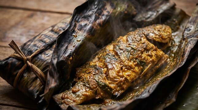 Freshly Grilled Indonesian Pepes Banana Leaf Parcel Unwrapped Revealing 