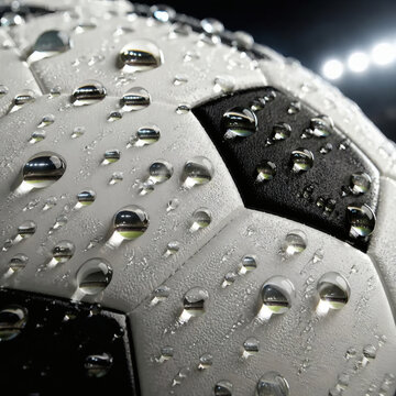 close up hexagonal soccer ball panels with water droplets on synthetic leather stadium reflection distorted in each droplet sphere macro detail rain effect realistic texture professional sports equipm
