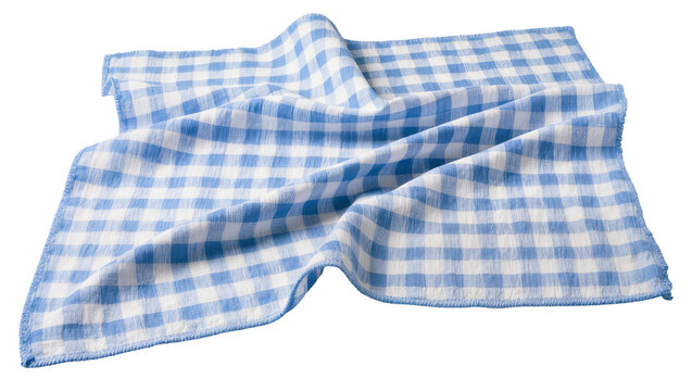 Blue and white checkered gingham fabric folded and creased, isolated on transparent background