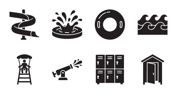 A collection of simple black icons representing elements of a water park, including a slide, splashing water, a float, waves, a lifeguard chair, a water cannon, lockers, and a changing room.