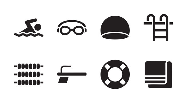A collection of eight black icons representing swimming pool elements like a swimmer, goggles, cap, ladder, diving board, and towel on a white background.